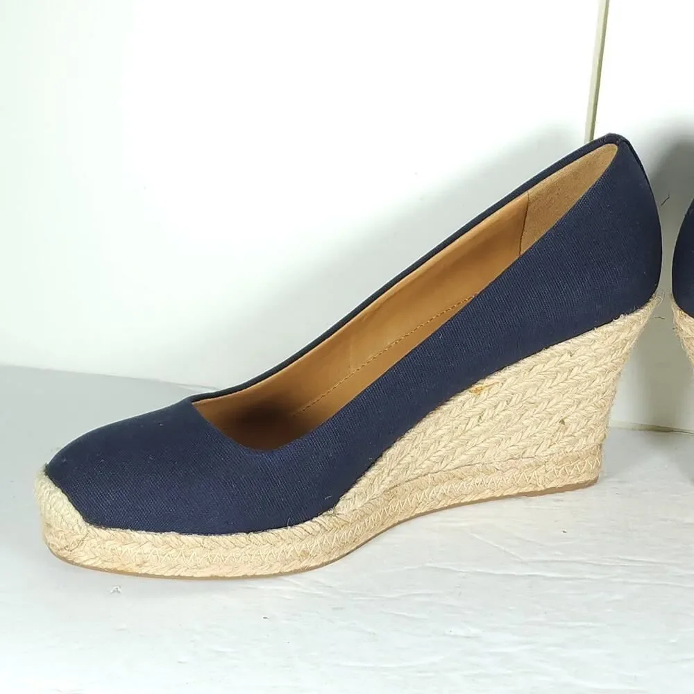 J. Crew Women's US 9 Canvas Navy Blue Wedge Pumps Espadrille Shoes New